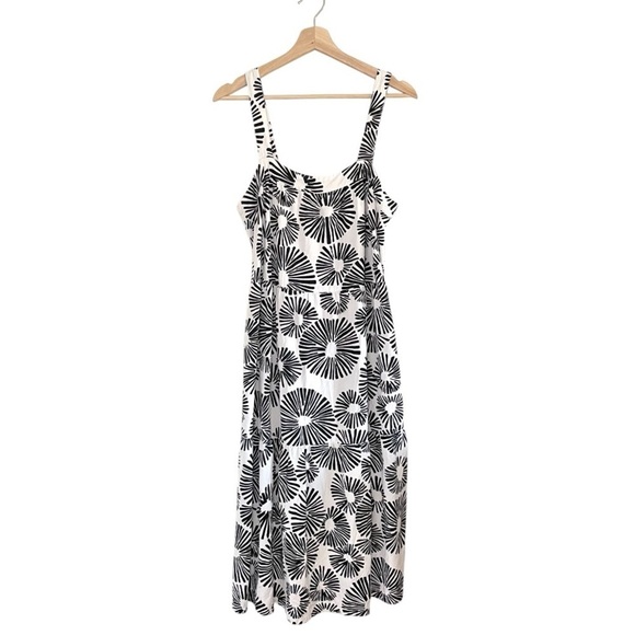 LOFT Linen Blend Firework Tiered Square Neck Midi Dress Black White Large - Picture 3 of 8